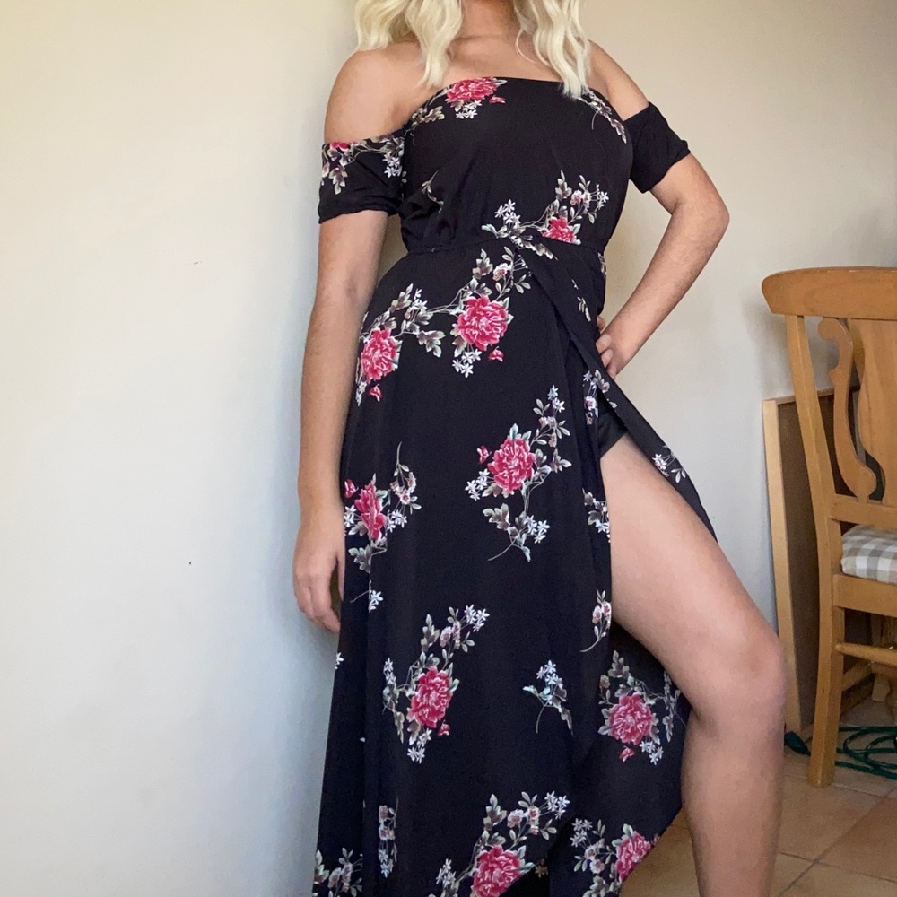 Black floral off shoulder high-low dress (M)